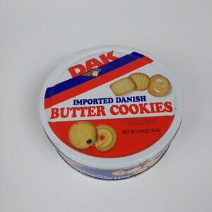 DAK Foods Imported Danish Butter Cookies Vintage 16 OZ Round‎ Tin For Storage
